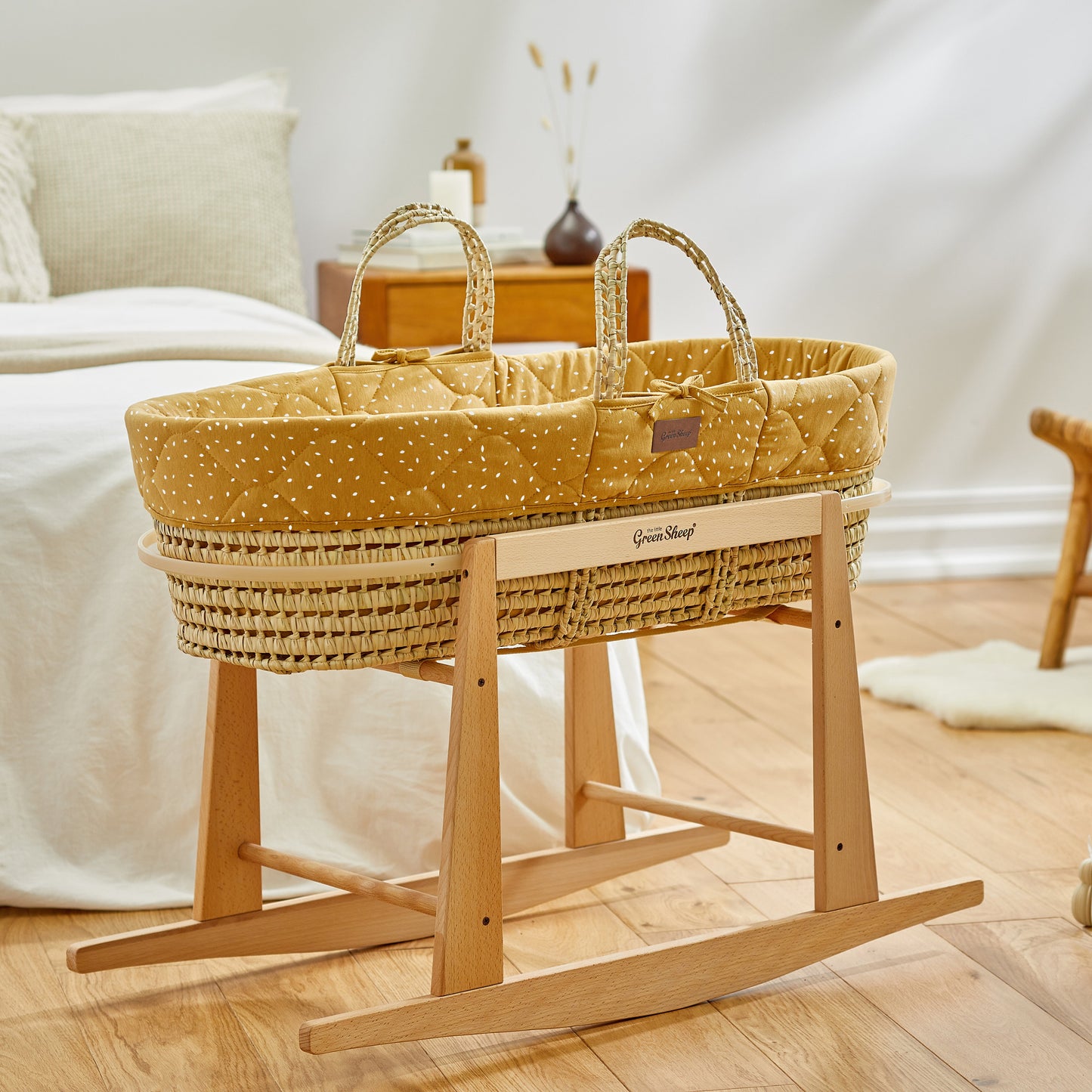 The Little Green Sheep Quilted Moses Basket & Mattress - Honey Rice