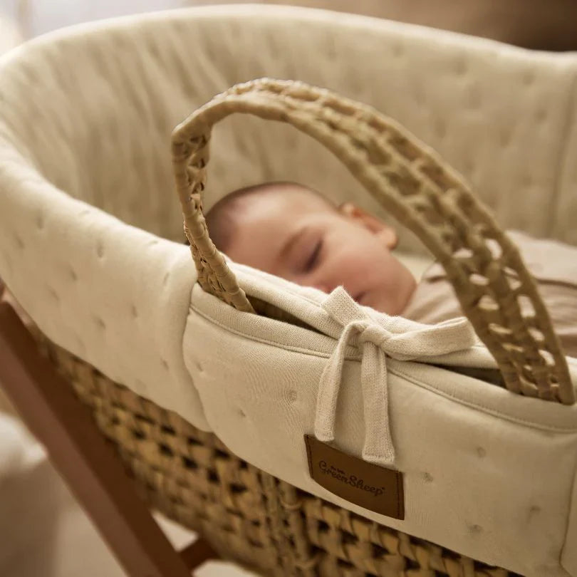 The Little Green Sheep Organic Dimple Quilted Moses Basket & Walnut Rocking Stand | Linen