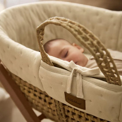 The Little Green Sheep Organic Dimple Quilted Moses Basket & Walnut Rocking Stand | Linen