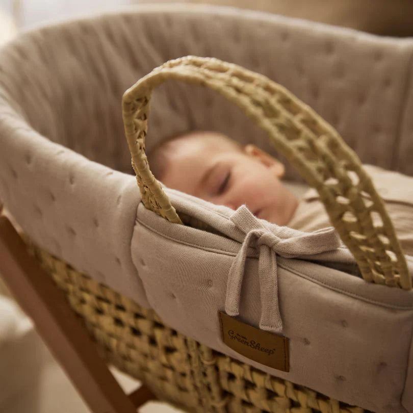 The Little Green Sheep Organic Dimple Quilted Moses Basket & Walnut Rocking Stand | Truffle