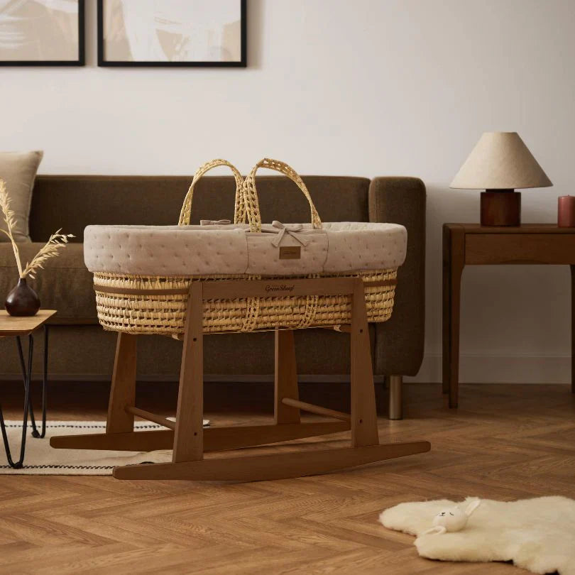 The Little Green Sheep Organic Dimple Quilted Moses Basket & Walnut Rocking Stand | Truffle