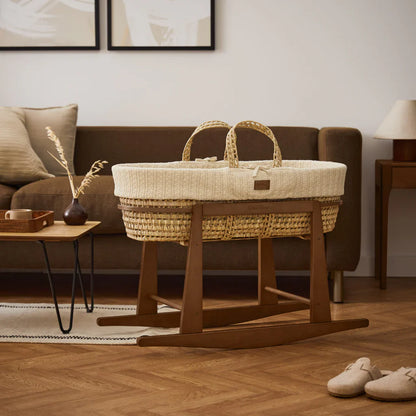 The Little Green Sheep Knitted Moses Basket & Walnut Rocking Stand | Linen