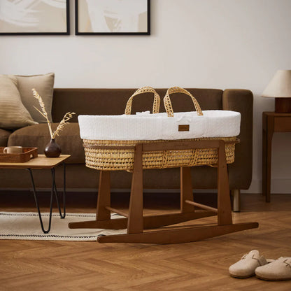 The Little Green Sheep Knitted Moses Basket & Walnut Rocking Stand | White