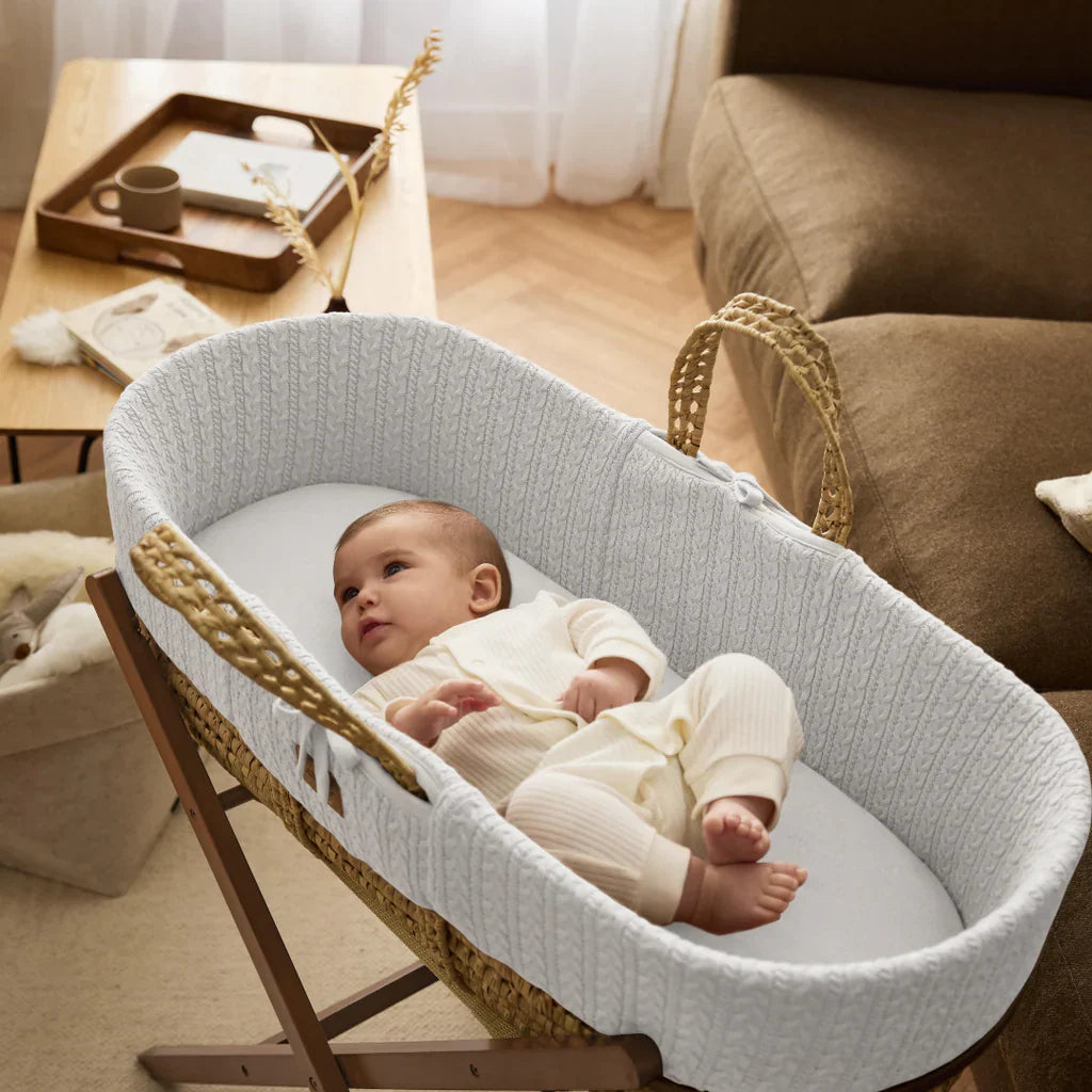 The Little Green Sheep Knitted Moses Basket & Walnut Foldable Stand | White
